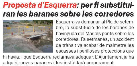 Notícia publicada al número 62 de la publicació l'ERAMPRUNYÀ sobre l'adquisició per part de l'Ajuntament de Gavà de noves baranes pels ponts sobre les corredores del delta sobre l'avinguda del mar (Octubre de 2008) (Número 62)